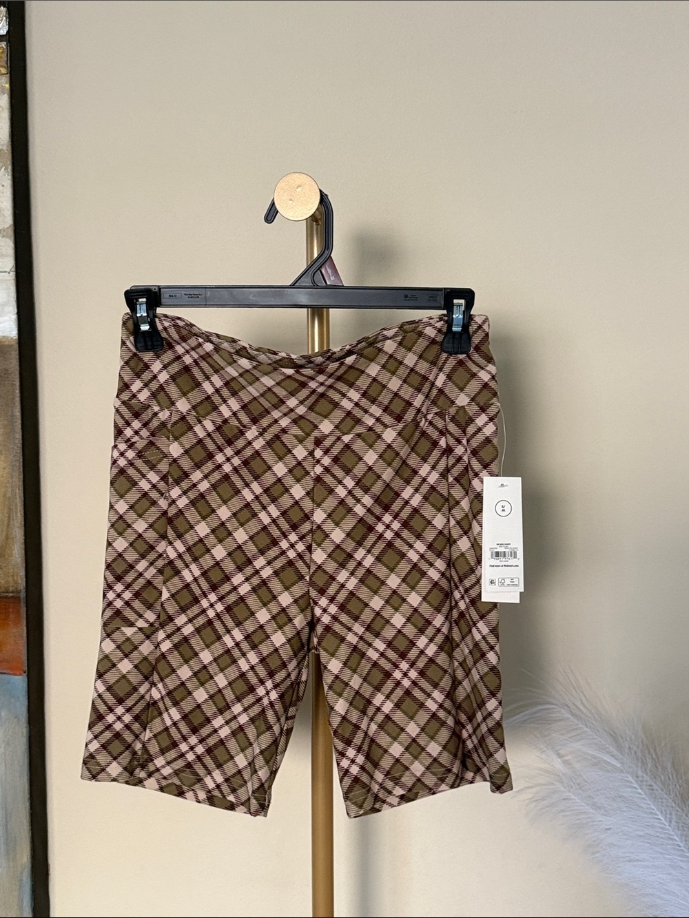 No Boundaries Olive & Pink Plaid Athletic Shorts